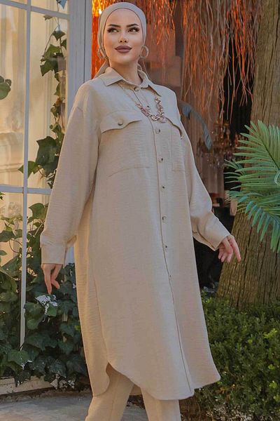 Neva Style تونيك حجاب بيج بأزرار 660بيج