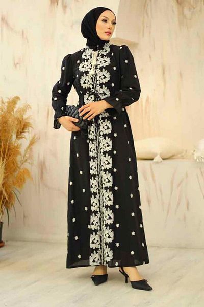 Neva Style Rochie Hijab Neagră - Modelată, Model Nr: 13503S