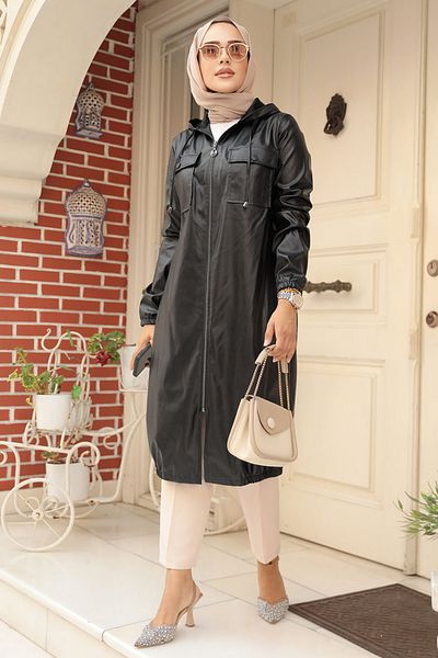 Neva Style Șapcă Hijab din piele neagră cu glugă - 1503S