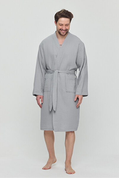Zeliha Baysan Erkek Müslin Bağlamalı Cepli Gri Oversize Sabahlık