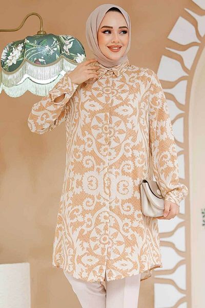 Neva Style تونيك حجاب فيسكوز - منقوش، بسكويت 11663BS