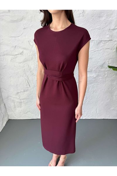 Elif Özbey Butik Rochie modal cu detaliu de curea în față burgundy