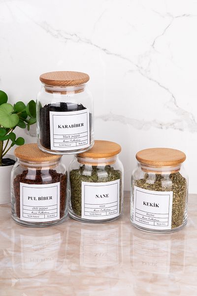 MODA OZY Set of 4 300 ml Wooden Lid Thyme/Mint/Pepper Jar Glass Spice Rack