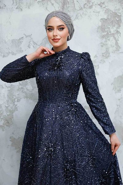 Neva Style Beaded Navy Blue Hijab Evening Dress 50461L