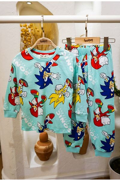 yagmurgiyim Seturi de pijamale pentru băieți, 100% bumbac, cu model Sonic albastru, 3-13 ani 32229-36213-M