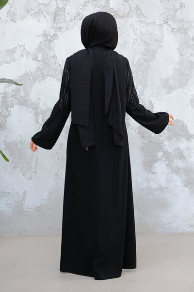 Neva Style Patterned Black Hijab Abaya 15079S