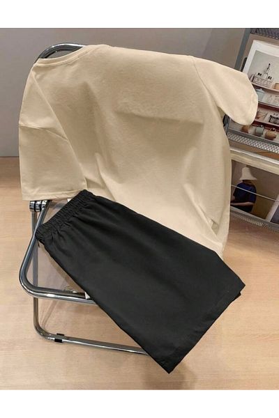 BYMEER Beige Black Horse Printed Shorts T-Shirt Set