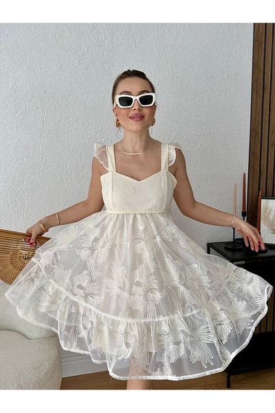 HandCo Embroidery Detailed Tulle Dress Special Design Lined White Strap Dress