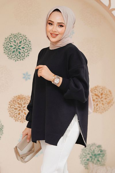 Neva Style Tricotaj Hijab Negru Detaliat Lanț Pulover Tunica 17202s