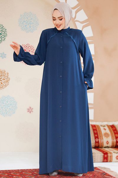 Neva Style Buttoned Petrol Blue Hijab Ferace 45275Pm