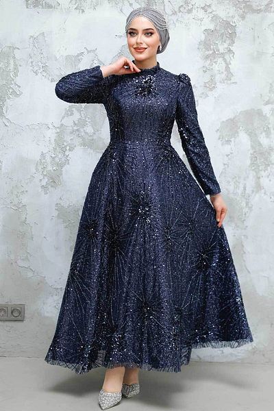 Neva Style Beaded Navy Blue Hijab Evening Dress 50461L