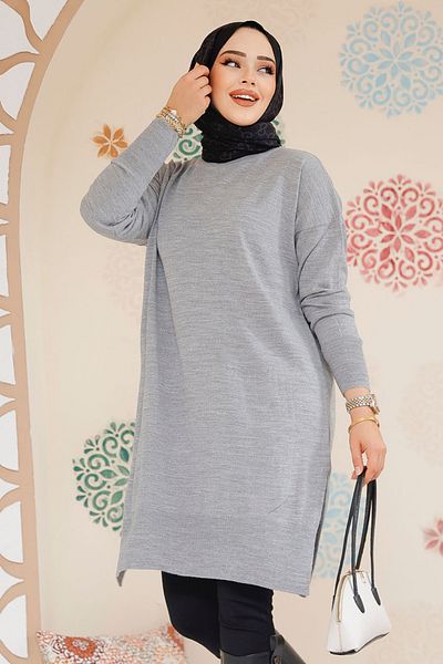 Neva Style Tricotaj Hijab Gri Pulover Tunica 17203gr
