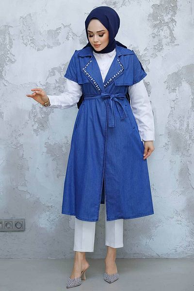 Neva Style Bead Embroidered Navy Blue Hijab Vest 6572L