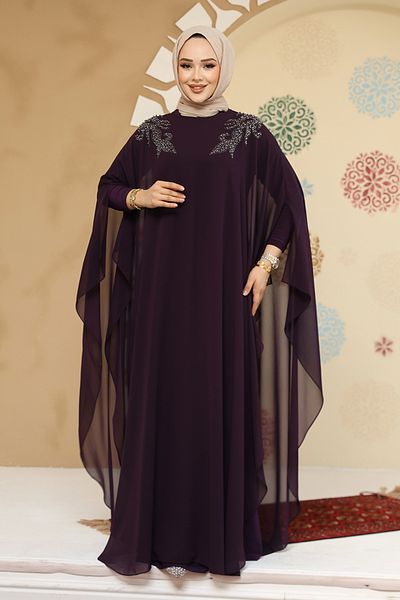 Neva Style Rochie Abaya Hijab Prune Detaliată Poncho 25908mu