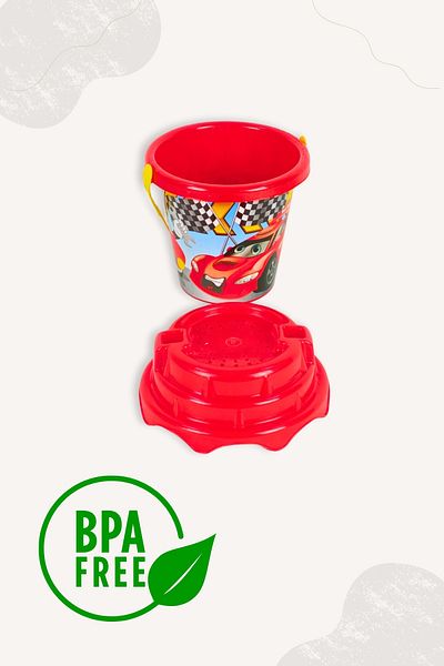 BubbyPlay Car Summer Beach Bucket Set Bucket, Pitcher, Shovel, Rake, 2 Sand Molds Mixed Color