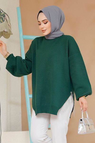 Neva Style سترة حجاب باللون الأخضر الزمردي مع تفاصيل سلسلة 17202zy