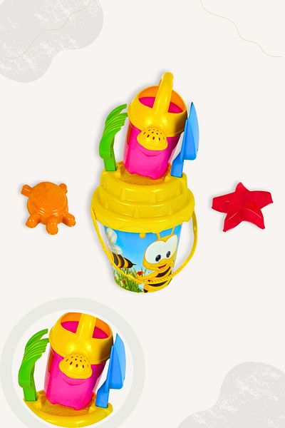 BubbyPlay Bee Summer Beach Bucket Set Bucket, Pitcher, Shovel, Rake, 2 Sand Molds Mixed Color