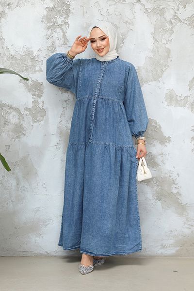 Neva Style Rochie de denim hijab albastră cu nasturi 19143M
