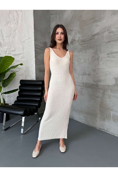 Elif Özbey Butik Rochie tricotată cu decolteu în V cu bretele ecru