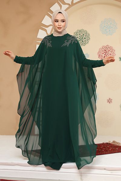 Neva Style Poncho Detailed Emerald Green Hijab Abaya Dress 25908Zy