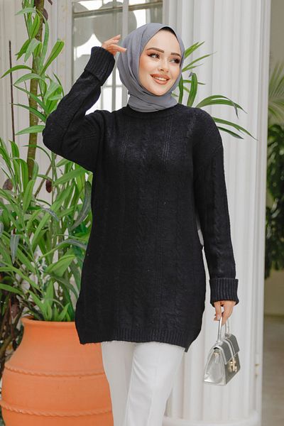 Neva Style Pulover tunica hijab negru cu model tricotat 20051s