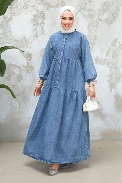 Neva Style Buttoned Blue Hijab Denim Dress 19143m