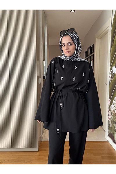 Aselim Hijap Moda Black Stone Crepe Fabric Tunic Double Set