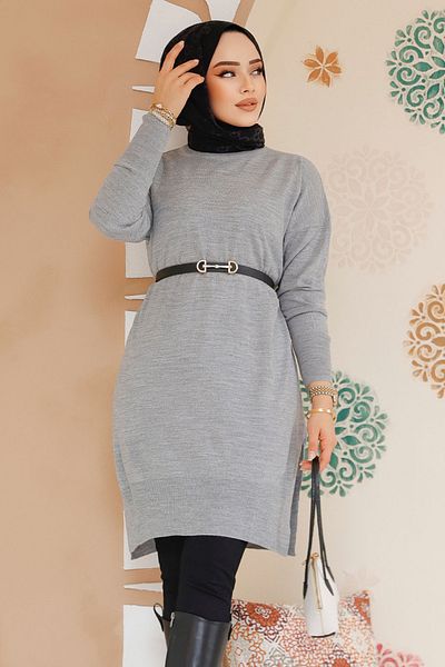 Neva Style Tricotaj Hijab Gri Pulover Tunica 17203gr