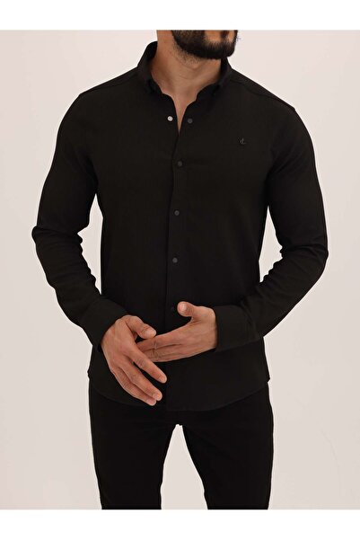 cliento Siyah Slimfit Ottoman Kumaş Likralı Örme Fitilli Erkek Gömlek