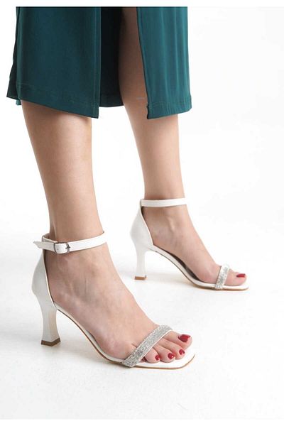 JVC White Women's Single Strap Stone High Heel Shoes