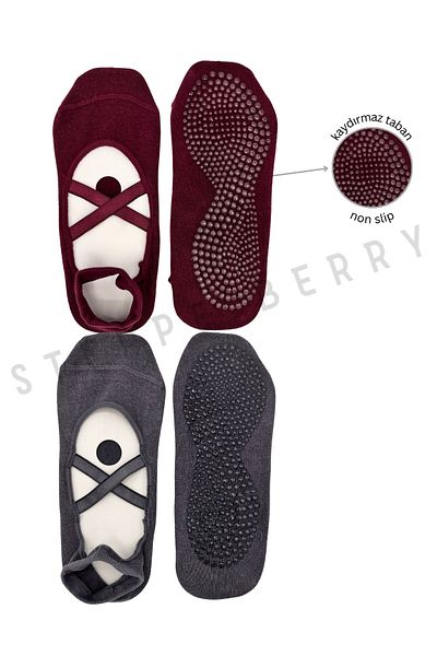STEPPE BERRY 2 Pairs of Premium Pilates and Yoga Socks with Cross Straps
