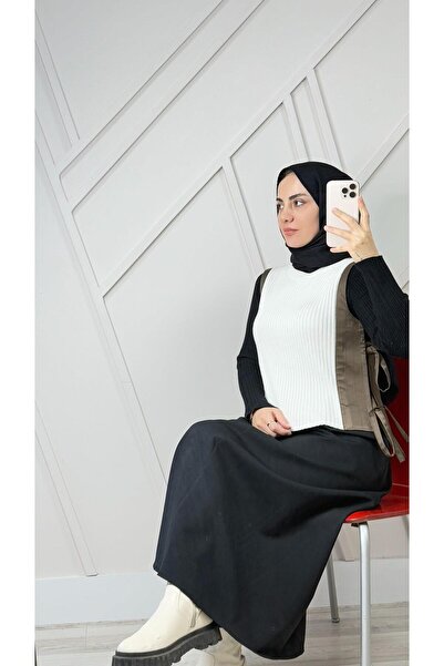 Unique Kumaş Garnili Triko Yelek Ekru