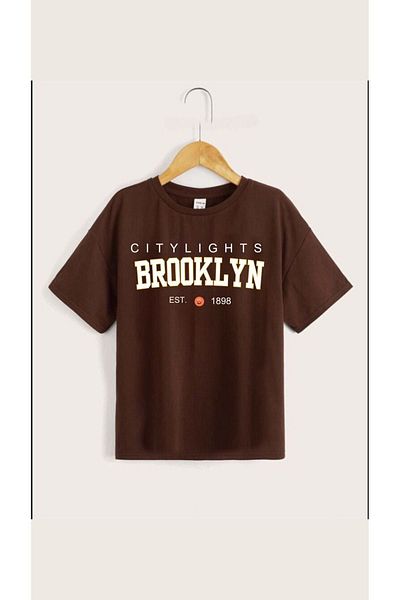 Topçu Кафява унисекс детска тениска с принт Brooklyn - кръгла яка