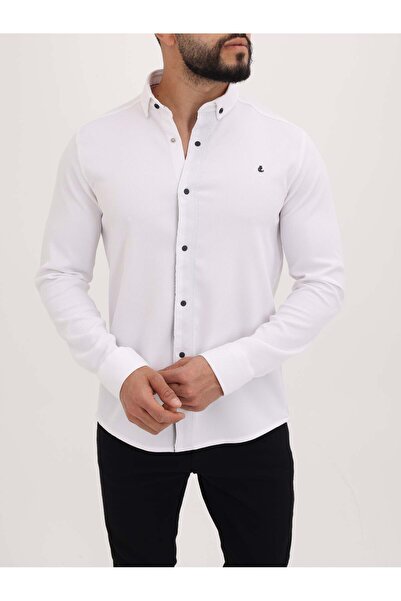 cliento Beyaz Slimfit Ottoman Kumaş Likralı Örme Fitilli Erkek Gömlek