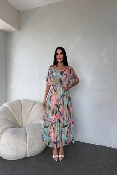 kamacibutik Madonna Collar Floral Pattern Pleated Chiffon Dress
