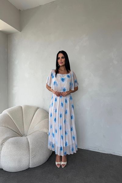 kamacibutik Madonna Collar Floral Pattern Pleated Chiffon Dress