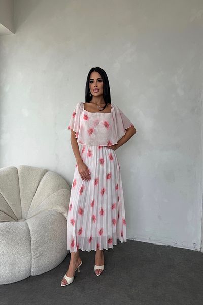 kamacibutik Madonna Collar Floral Pattern Pleated Chiffon Dress