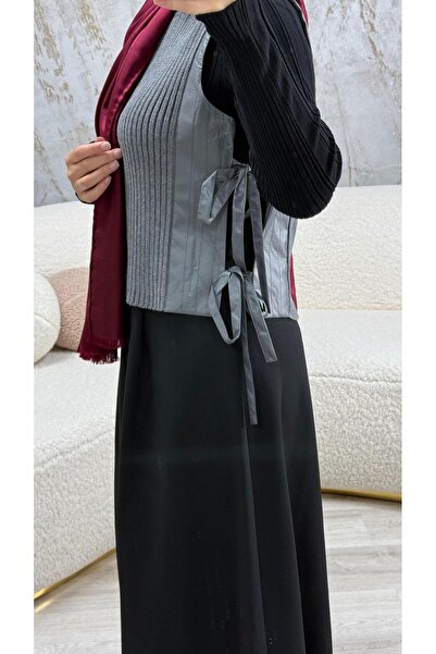 Unique Kumaş Garnili Triko Yelek Gri