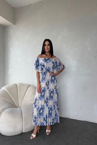 kamacibutik Madonna Collar Floral Pattern Pleated Chiffon Dress
