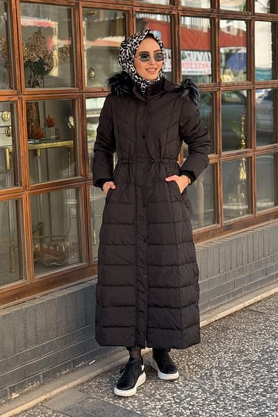 Kayra Feather Padded Waist Gathered Long Coat