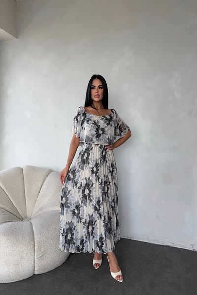 kamacibutik Madonna Collar Floral Pattern Pleated Chiffon Dress