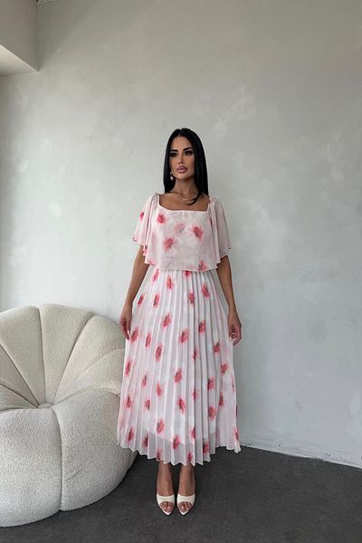 kamacibutik Madonna Collar Floral Pattern Pleated Chiffon Dress