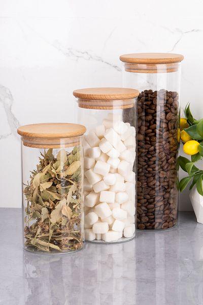 MODA OZY 3-Piece Glass Jar with Wooden Vacuum Lid 1100/900/700ml Sugar Bowl Dragee Storage Container