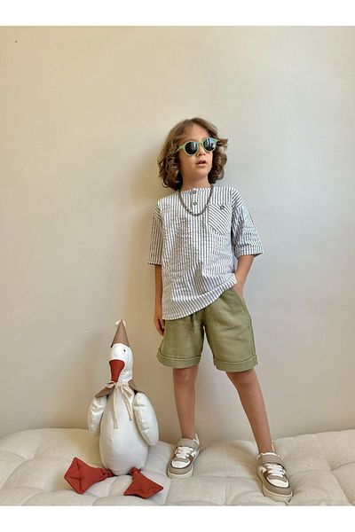 patriko tekstil Boy's Striped Cotton Fabric Shirt Cotton Muslin Shorts Bottom Top Set