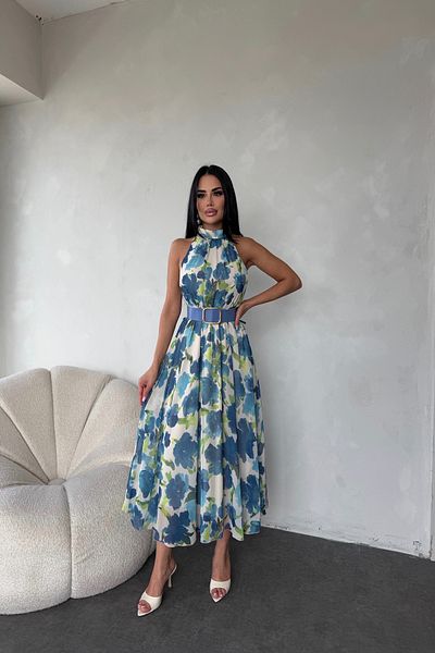 kamacibutik Turtleneck Zero Sleeve Floral Print Belt Dress