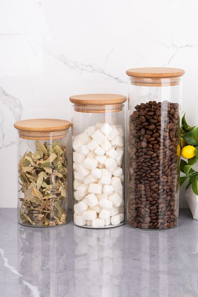 MODA OZY 3-Piece Glass Jar with Wooden Vacuum Lid 1100/900/700ml Sugar Bowl Dragee Storage Container