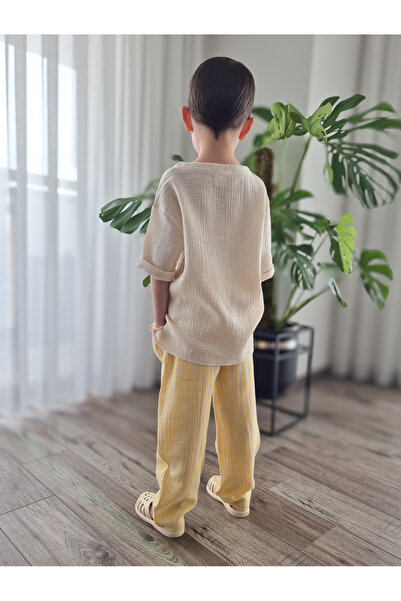BALKABAĞI Sarı Çizgili Müslin Pantolon&Natural Şile Bezi Püsküllü Kapri Kol Gömlek Pamuk Yazlık Takım MTYE0072