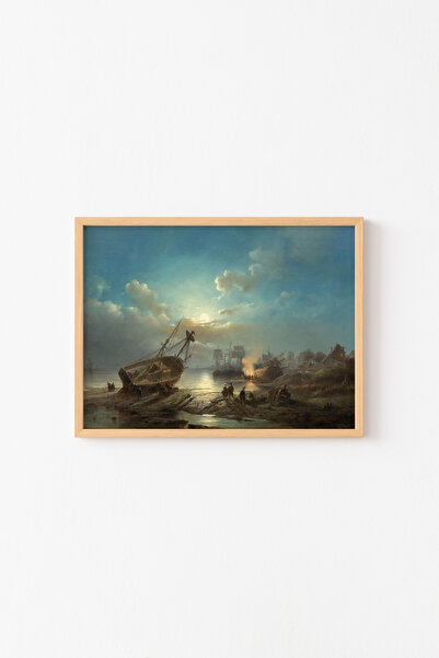 epiqart العمل في الليل في الميناء - إطار خشبي منقوش