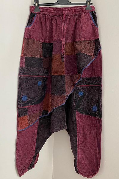 AYASOFYA OTANTIK Unisex Nepalese Burgundy Ethnic Patterned Cap, Elastic Waist and Legs, Loose Hippie Bohemian Baggy Trouser with Pockets