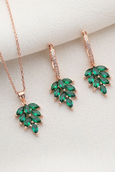 Silvano Jewelry 925 Ayar Gümüş Zümrüt Yeşili Kolye Küpe Takı Seti